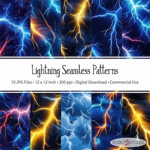 Könnte beinhalten: Zehn digitale nahtlose Muster mit Blitzen in verschiedenen Farben, darunter Blau, Gelb und Rot, auf einem dunkelblauen Hintergrund. Der Text "Lightning Seamless Patterns" befindet sich oben im Bild. Der Text "10 JPG Files. 12 x 12 Inch. 300 ppi. Digital Download. Commercial Use" befindet sich unter dem Titel. Der Text "PICADILLY PRINTABLES" befindet sich unten rechts im Bild.