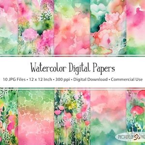 Peut inclure: Un ensemble de 10 papiers numériques aquarelle avec des motifs floraux roses et verts. Les papiers mesurent 30,5 cm x 30,5 cm et 300 dpi. Ils sont parfaits pour le scrapbooking, la fabrication de cartes et autres projets d'artisanat.