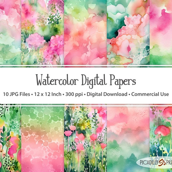 Pink & Green Digital Papers - Watercolor Background Images for Scrapbooking, Card Making - 10 JPG Files - 300 PPI - 12x12" - Commercial Use