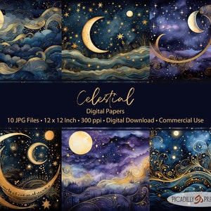 Papeles digitales de cielo nocturno celestial: fondos para álbumes de recortes y creación de tarjetas: 10 archivos JPG, 300 ppp, 12 x 12 pulgadas, uso comercial