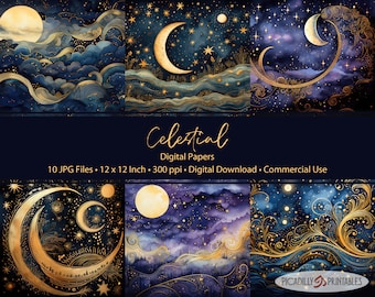 Celestial Night Sky Digital Papers - Backgrounds for Scrapbooking, Card Making - 10 JPG Files - 300 PPI - 12x12" - Commercial Use