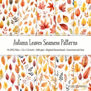 May include: Ten digital seamless patterns featuring watercolor illustrations of autumn leaves in various shades of red, orange, yellow, and brown. The patterns are perfect for crafting, scrapbooking, and digital design projects.
