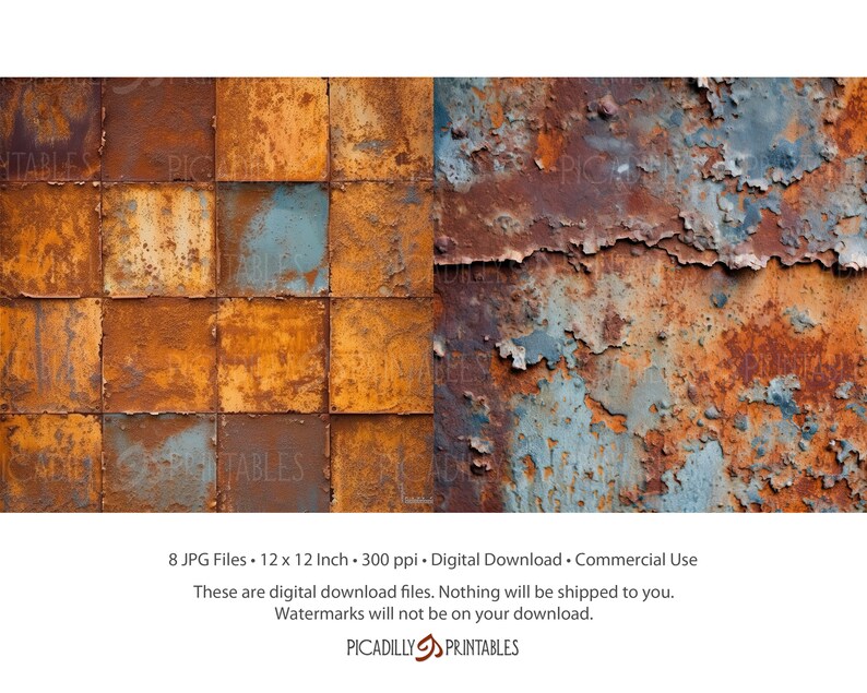 Puede incluir: Una descarga digital de 8 texturas de metal oxidado. Las texturas est&aacute;n en un patr&oacute;n de tablero de ajedrez y una textura de metal oxidado s&oacute;lido. Las texturas son de 30,48 cm por 30,48 cm y 300 p&iacute;xeles por pulgada.