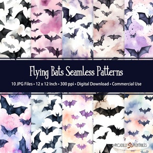 May include: A collection of ten seamless patterns featuring watercolor illustrations of bats in flight. The bats are depicted in various shades of black and purple against a backdrop of pastel-colored clouds. The text "Flying Bats Seamless Patterns" is displayed.