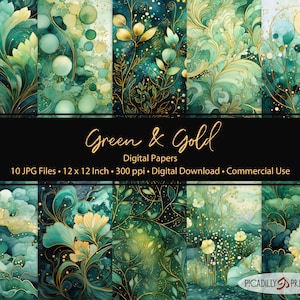 Grün-Gold-Digital-Papiere - Hintergrundbilder für Scrapbooking, Kartenherstellung - 10 JPG-Dateien - 300 PPI - 12x12 Zoll - Kommerzielle Nutzung