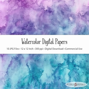 Fundos de papéis digitais aquarela grunge roxo e azul-petróleo - 10 arquivos JPG - 300 PPI - 12x12" - Uso comercial