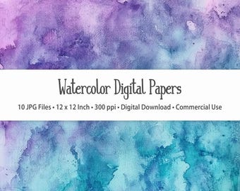 Fondos digitales de acuarela grunge en tonos morados, azul y verde azulado - 10 archivos JPG - 300 ppp - 30x30 cm - Uso comercial
