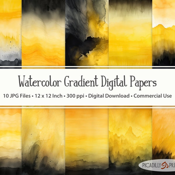 Yellow & Black Gradient Watercolor Digital Papers Backgrounds - 10 JPG Files - 300 PPI - 12x12" - Commercial Use