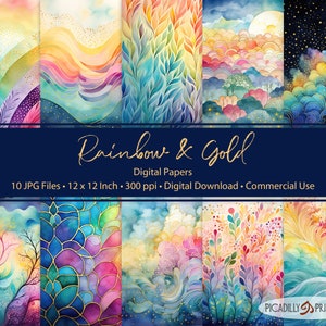 May include: Ten digital papers featuring watercolor illustrations of rainbows, clouds, and gold accents. The papers are 12 inches by 12 inches and 300 dpi.