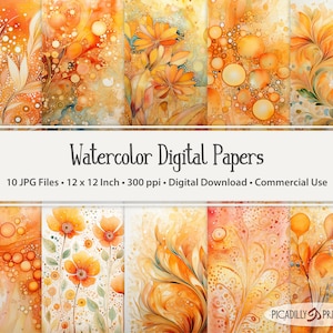 May include: Set of 10 digital papers featuring watercolor illustrations of abstract floral designs in shades of orange, yellow, and white. The papers are 12 inches by 12 inches and 300 dpi.