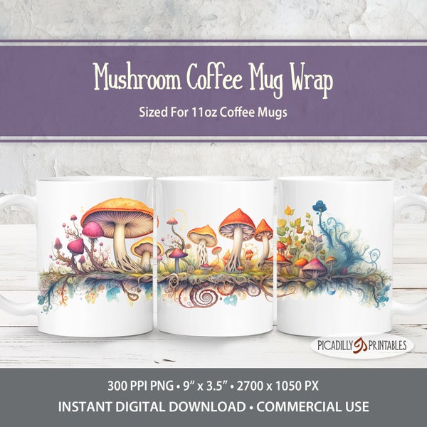 Mushroom Mug Wrap - 11oz Coffee Mug Template Sublimation Images - PNG - 300 PPI - Commercial Use