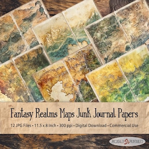 Fantasy Realms Maps Junk Journal Digital Papers - 12 imagens JPG 300 PPI - 11" x 8,5" Tamanho Carta dos EUA - Uso comercial permitido