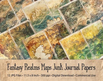 Fantasy Realms Maps Junk Journal Digital Papers - 12 JPG Images 300 PPI - 11" x 8.5" US Letter Size - Commercial Use Allowed