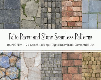 Patio Paver Seamless Patterns, Brick Flagstone Cobblestone Stone Textures, 10 JPEG Files - Digital Download