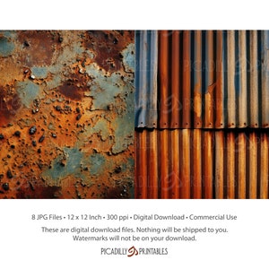 Puede incluir: Una descarga digital de 8 archivos JPG de alta resoluci&oacute;n que presentan una textura de metal oxidado. La imagen muestra un primer plano de una superficie met&aacute;lica desgastada con una mezcla de tonos naranja, marr&oacute;n y azul. El metal tiene un patr&oacute;n corrugado en el lado derecho de la imagen.
