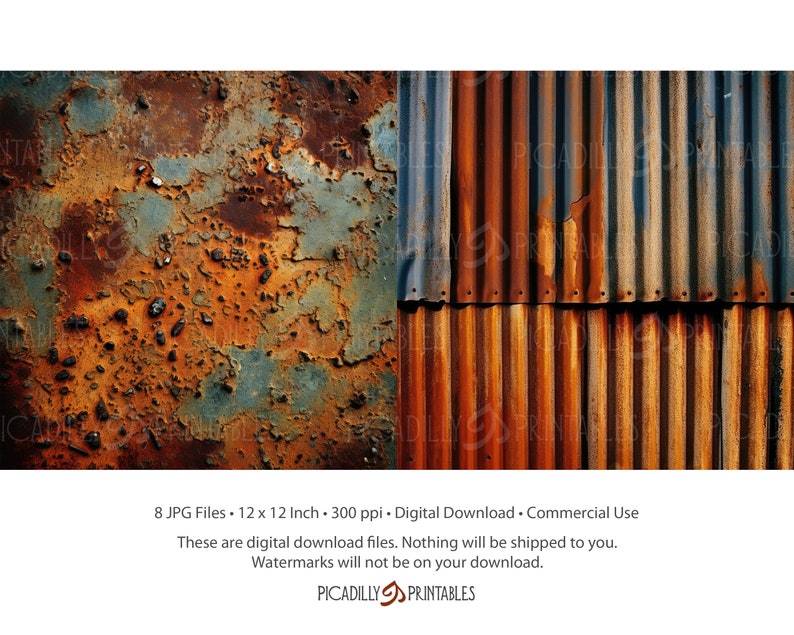 Puede incluir: Una descarga digital de 8 archivos JPG de alta resoluci&oacute;n que presentan una textura de metal oxidado. La imagen muestra un primer plano de una superficie met&aacute;lica desgastada con una mezcla de tonos naranja, marr&oacute;n y azul. El metal tiene un patr&oacute;n corrugado en el lado derecho de la imagen.