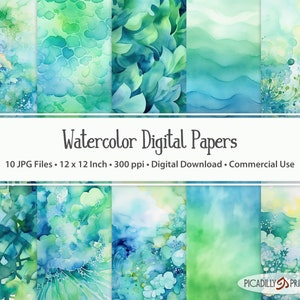 May include: Ten digital papers featuring watercolor designs in shades of blue and green. The designs include abstract patterns, floral motifs, and wavy lines. The papers are 12 inches by 12 inches and 300 dpi.