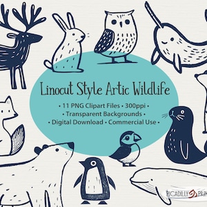 La faune arctique Clip Art - Style linogravure - 11 fichiers PNG avec arrière-plan transparent - 300 PPI - animaux froids - usage Commercial