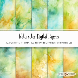 May include: Ten digital papers featuring watercolor designs in shades of blue, green, and yellow. The papers are 12 inches by 12 inches and 300 dpi.