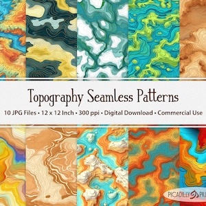 Topography Map Style Seamless Pattern Backgrounds for Wallpapers, Textiles, Wrapping Paper - 10 JPG Files  300 PPI - 12x12" - Commercial Use