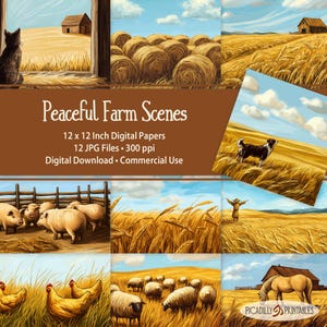 Farm Drawings - Peaceful Farm Scene Illustrations Digital Papers - 12 JPEG Images - 300 PPI - 12x12" - Commercial Use