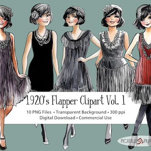 フラッパーガールズ クリップ アート 1 - 透明な背景の 10 PNG ファイル - 300 PPI - 1920 年代の女性ファッション、チャールストン フラッパー - 商用利用