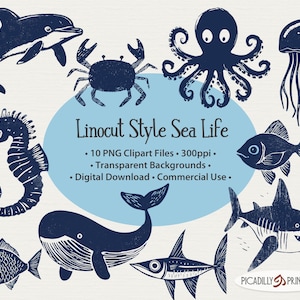 Illustraties zeedieren - linosnedestijl - 10 png-bestanden met transparante achtergrond - 300 PPI - oceaandieren Sea Life - commercieel gebruik