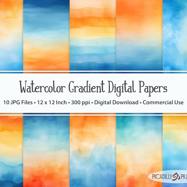 Blue and Orange Gradient Watercolor Digital Papers Backgrounds - 10 JPG Files - 300 PPI - 12x12" - Commercial Use
