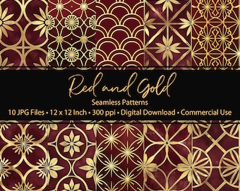 May include: Ten digital paper patterns in red and gold with geometric designs. The patterns are seamless and can be used for a variety of projects, including scrapbooking, card making, and digital design.