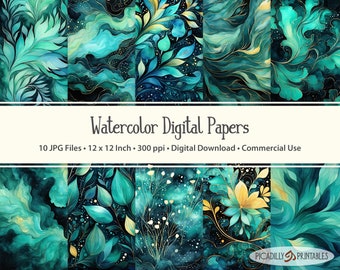 Teal Blue Green Digital Papers - Watercolor Backgrounds for Scrapbooking, Card Making - 10 JPG Files - 300 PPI - 12x12" - Commercial Use