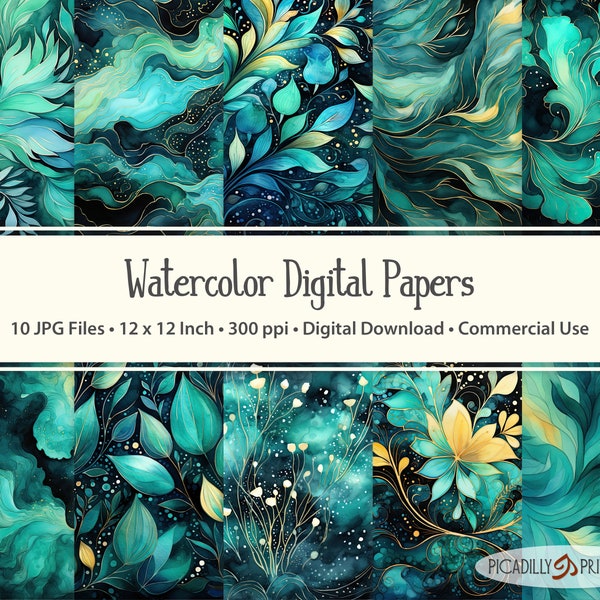 Teal Blue Green Digital Papers - Watercolor Backgrounds for Scrapbooking, Card Making - 10 JPG Files - 300 PPI - 12x12" - Commercial Use