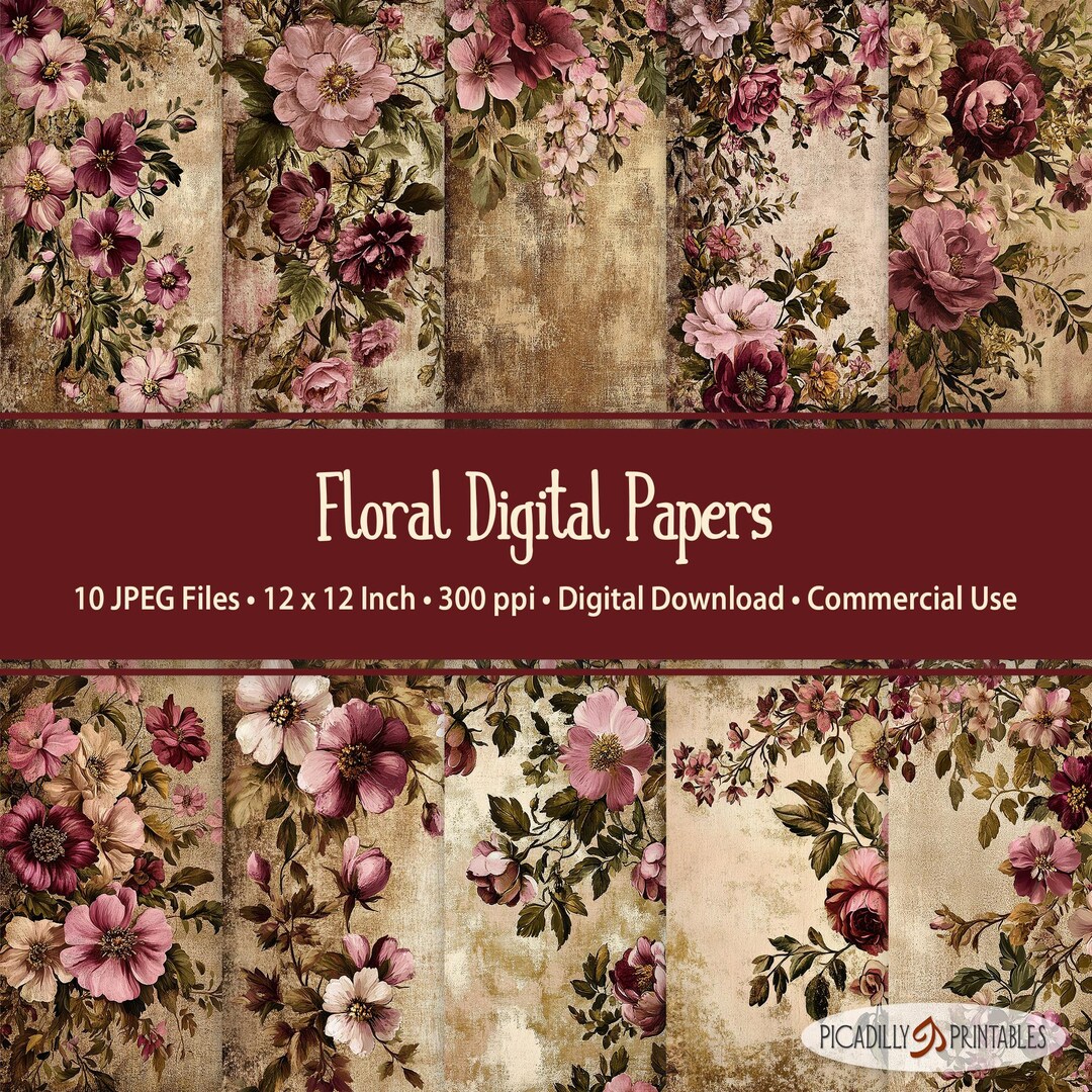 Pink & Ivory Digital Papers - 10 Vintage Grunge Floral Themed Scrapbook ...