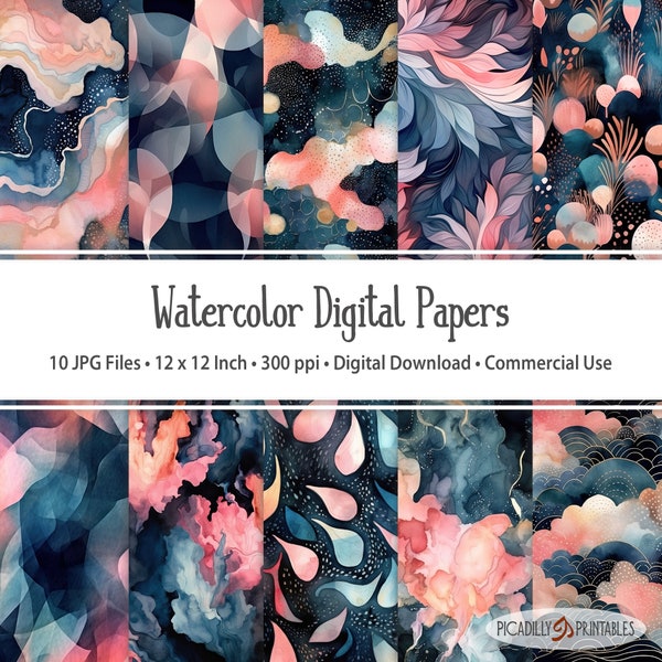 Petrol Blue and Blush Pink Watercolor Backgrounds - 10 JPG Flower Image Files - 300 PPI - 12x12" - Commercial Use