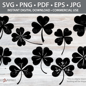 Könnte beinhalten: Zehn schwarze Silhouette-Bilder von vierblättrigen Kleeblättern. Die Kleeblätter sind in einem zufälligen Muster auf einem weißen Holzmaserungshintergrund angeordnet. Der Text "SVG. PNG. PDF. EPS. JPG" und "INSTANT DIGITAL DOWNLOAD. COMMERCIAL USE" befindet sich oben im Bild. Der Text "PICADILLY PRINTABLES" befindet sich unten im Bild.
