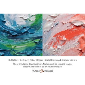 K&ouml;nnte beinhalten: Zwei abstrakte digitale Kunstdrucke mit einem blauen, gr&uuml;nen und wei&szlig;en Farbschema links und einem rosa, wei&szlig;en und orangenen Farbschema rechts. Die Drucke sind mit dicken, strukturierten Pinselstrichen ausgef&uuml;hrt.