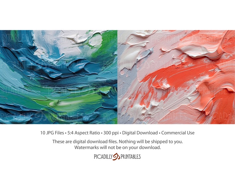K&ouml;nnte beinhalten: Zwei abstrakte digitale Kunstdrucke mit einem blauen, gr&uuml;nen und wei&szlig;en Farbschema links und einem rosa, wei&szlig;en und orangenen Farbschema rechts. Die Drucke sind mit dicken, strukturierten Pinselstrichen ausgef&uuml;hrt.