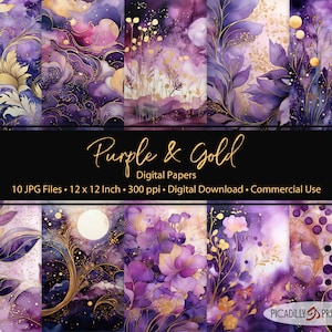 Purple & Gold Digital Papers - Fundos para Scrapbooking, Criação de Cartões - 10 Arquivos JPG - 300 PPI - 12x12" - Uso Comercial