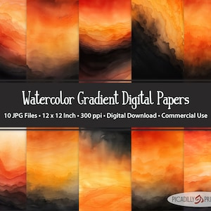 Orange & Black Gradient Watercolor Digital Papers Backgrounds - 10 JPG Files - 300 PPI - 12x12&quot; - Commercial Use
