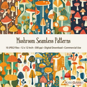Peut inclure: Plusieurs motifs de champignons sans couture aux designs variés. Les motifs présentent des champignons orange, jaunes et bleus sur différents fonds. Le texte "Mushroom Seamless Patterns" est affiché, avec des détails sur les fichiers, y compris une taille de 30,48 cm x 30,48 cm.
