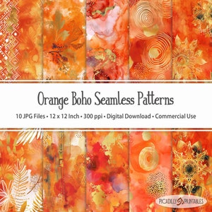 May include: Ten digital seamless patterns in orange and gold featuring abstract shapes, floral designs, and geometric patterns. The patterns are 12 inches by 12 inches and 300 pixels per inch.