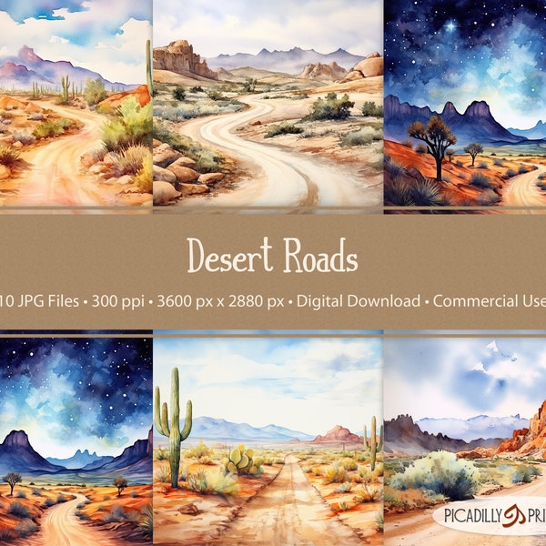 Desert Roads - Watercolor Southwest Dirt Road Background Images For Scrapbooking, Journals - 10 JPG - 300 PPI - 5:4 AR - Commercial Use