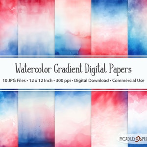 Rood, wit en blauw kleurverloop aquarel achtergrond digitale papers - 10 JPG-bestanden - 300 PPI - 12 x 12" - commercieel gebruik