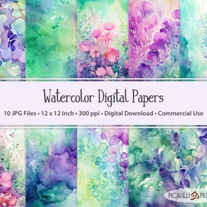 Lila & Grün Digitale Papiere - Aquarell Hintergrundbilder für Scrapbooking, Kartenherstellung - 10 JPG Dateien 300 PPI - 12x12 "- Kommerzielle Nutzung