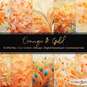 Papeles digitales naranja y dorado - Fondos para scrapbooking y tarjetas - 10 archivos JPG - 300 ppp - 30x30 cm - Uso comercial