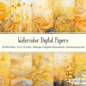 Yellow Digital Papers 2 - Fundos de aquarela para scrapbooking, criação de cartões - 10 arquivos JPG - 300 PPI - 12x12" - Uso comercial