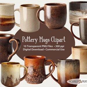 Puede incluir: Una colección de diez tazas de cerámica en varios colores tierra, incluyendo marrón, beige y diseños moteados. Las tazas tienen asas curvas y se muestran sobre un fondo neutro. El texto en la imagen dice "Pottery Mugs Clipart".