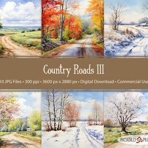 Country Roads 3 - Fundos de estradas de terra em aquarela para scrapbooking, diários, colagens - 10 imagens JPG 300 PPI - 5:4 AR - Uso comercial