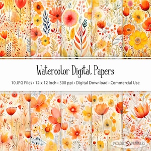 Pode incluir: Dez papéis digitais com ilustrações de aquarela de flores laranja, amarelas e vermelhas sobre um fundo branco. Os papéis medem 30,5 cm x 30,5 cm e 300 dpi.