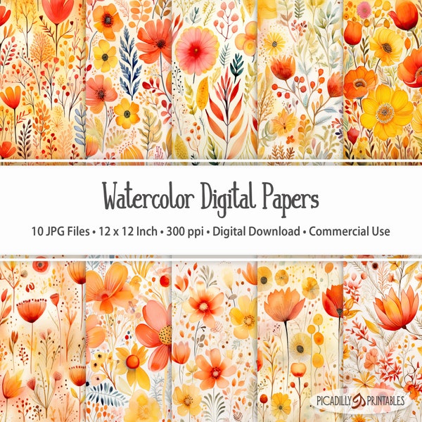 Red Yellow and Orange Floral Backgrounds Watercolor Digital Papers - 10 JPG Files - 300 PPI - 12x12" - Commercial Use Allowed