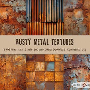 Puede incluir: Una colecci&oacute;n de ocho texturas digitales que presentan superficies de metal oxidado en varios tonos de marr&oacute;n, naranja y azul. Las texturas son de 30,48 cm por 30,48 cm y 300 p&iacute;xeles por pulgada.  RUSTY METAL TEXTURES. 8 JPG Files. 12 x 12 Inch. 300 ppi. Digital Download. Commercial Use. PICADILLY PRINTABLES.